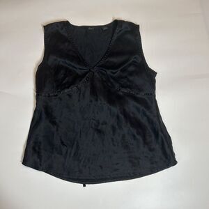 Q.U.E Babydoll Top Womens 8 100% Silk Black Y2K Tie Back Sleeveless Vintage